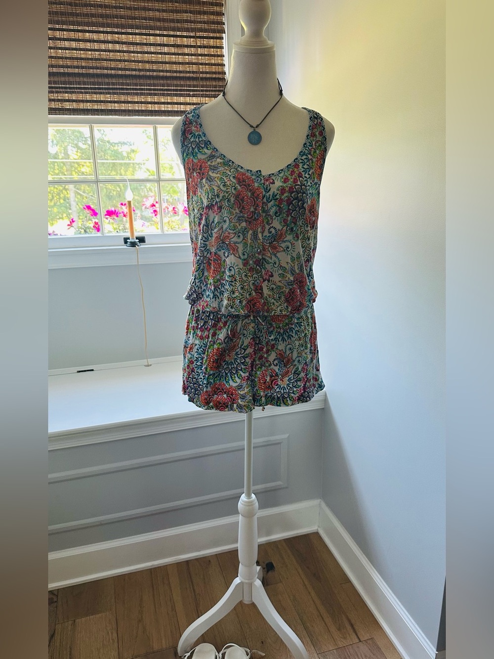 Profile Blush Floral Sleeveless Swim suit Cover- Up Romper in Blues & Coral